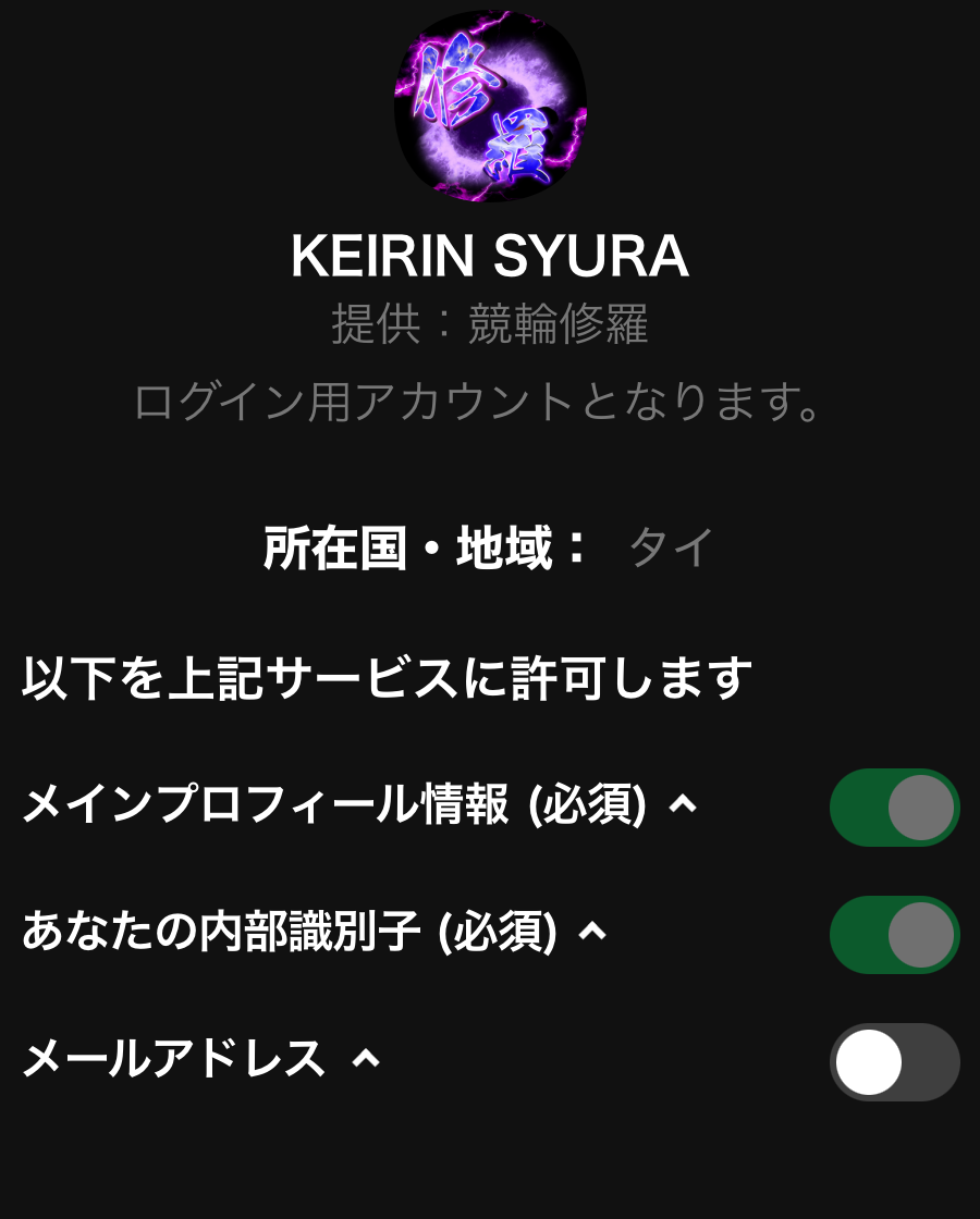 競輪修羅のLINE認証画面。必須情報とメールアドレスの任意許可が分かれ、メールアドレスはオフ